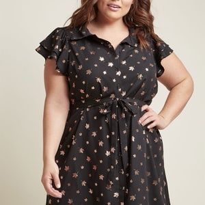 Flutter Sleeve Collared Shirt Dress in Black Leaf